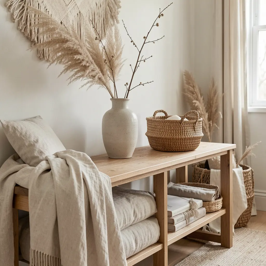 Elegant Japandi interior decor arrangement with ceramic vase and natural textures